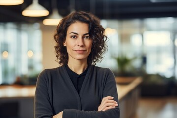 Wall Mural - Portrait of a satisfied woman in her 30s dressed in a comfy fleece pullover over sophisticated corporate office background