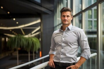 Canvas Print - Portrait of a merry man in his 30s sporting a technical climbing shirt on sophisticated corporate office background