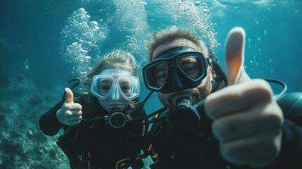 Wall Mural - Diver in deep sea with thumbs up gesture