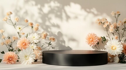 Poster - Delicate pastel flowers surround a sleek black pedestal, illuminated by soft light, creating a serene atmosphere perfect for showcasing products or art