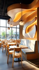 Wall Mural - Modern Cafe Interior with Wooden Accents and Large Windows.