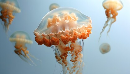 Wall Mural - Ethereal Jellyfish Gliding Gracefully in Tranquil Serenity Against a White Background