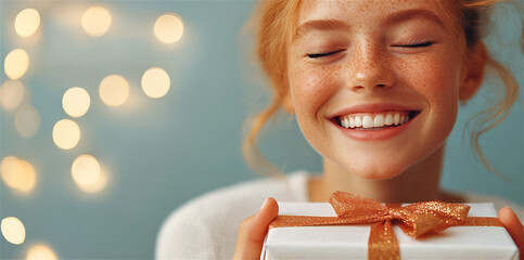 Wall Mural - Happy young woman with freckles is holding a christmas present decorated with a gold ribbon and smiling with her eyes closed