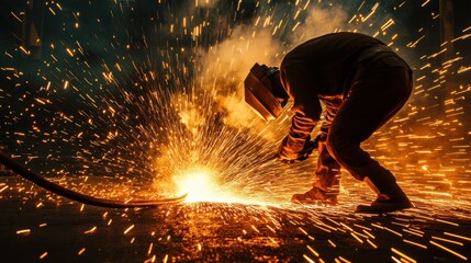 Welder works on molten iron in a casting foundry as sparks fly against the backdrop of glowing metal