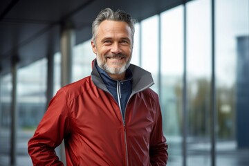 Wall Mural - Portrait of a joyful man in his 50s wearing a windproof softshell in sophisticated corporate office background