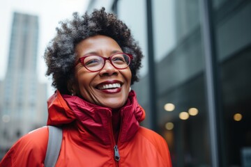 Wall Mural - Portrait of a joyful afro-american woman in her 70s wearing a windproof softshell on sophisticated corporate office background