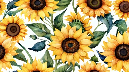 A seamless pattern of bright yellow sunflowers and green leaves, ideal for fabric design, digital prints, and nature-inspired home decor with a rustic, sunny feel