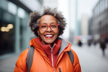 Canvas Print - Portrait of a joyful afro-american woman in her 70s wearing a windproof softshell on sophisticated corporate office background