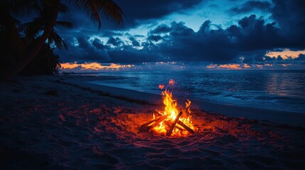 Serene Tropical Night: Bonfire Illuminates Sandy Beach with Relaxing Vibes and Warm Glow