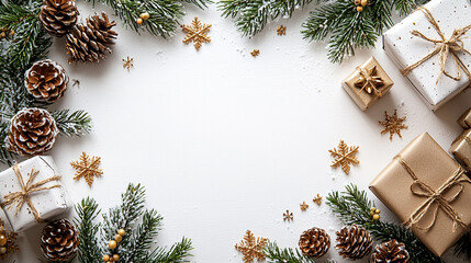 
Christmas background with white space for text, Christmas decorations and gifts on the right side of the frame, white tabletop with pine branches and golden snowflakes on the left side of the frame, 