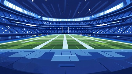 A flat design of a famous NFL stadium viewed from the stands with simple shapes and vibrant lighting Large space for text in center Stock Photo with copy space