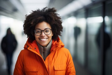 Canvas Print - Portrait of a smiling afro-american woman in her 20s donning a durable down jacket in sophisticated corporate office background