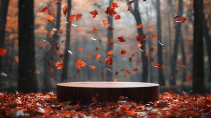 Wall Mural - A circular wooden platform sits in the center of a misty forest, surrounded by vibrant autumn leaves swirling gently in the air. The soft light of the afternoon enhances the tranquil atmosphere.