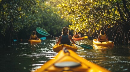 Serene Adventure: Tourists Exploring Tropical Mangroves on Kayaks