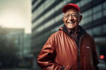 Canvas Print - Portrait of a grinning indian elderly man in his 90s wearing a windproof softshell on sophisticated corporate office background