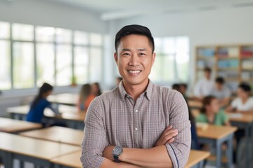 Wall Mural - Portrait of a cheerful asian man in his 30s wearing a comfy flannel shirt in front of lively classroom background