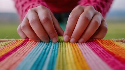 Canvas Print - A person is weaving a colorful cloth on the loom, AI