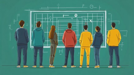 A flat illustration of a game plan being drawn on a whiteboard with simplified X and O symbols representing the players Large space for text in center Stock Photo with copy space