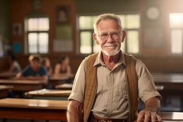 Poster - Portrait of a glad man in his 80s wearing a rugged jean vest while standing against lively classroom background