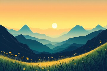 Sticker - Mountain Range Silhouette at Sunset with Yellow Flowers in Foreground