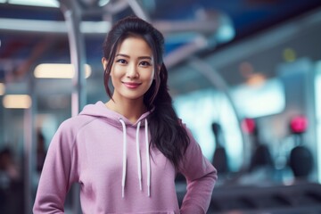 Wall Mural - Portrait of a content asian woman in her 30s wearing a cozy sweater in dynamic fitness gym background