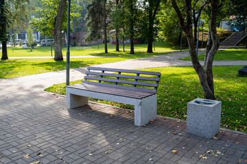 In the center of a lush green park, a sturdy and wellplaced bench is beautifully framed by vibrant, colorful plants and tall, majestic trees, enhancing the natural landscape around it