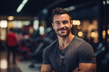 Wall Mural - Portrait of a content man in his 30s wearing a comfy flannel shirt over dynamic fitness gym background