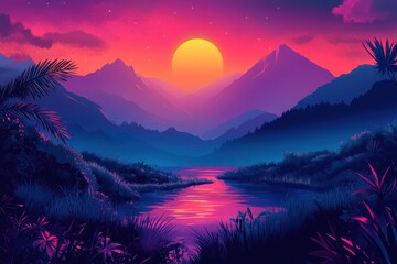 Wall Mural - A Vibrant Sunset Over a Mountainous Landscape Reflected in a Still River