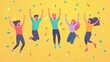 © anantachat - A flat vector design of fans jumping in the air cheering with exaggerated expressions and bold minimal colors Large space for text in center Stock Photo with copy space