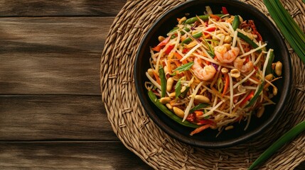 A top view of a colorful Som Tam papaya salad with peanuts, dried shrimp, and long beans, placed on a woven mat with room for copy on the side. -