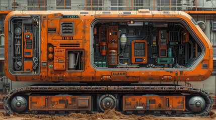 Detailed view of a futuristic industrial machine with complex orange and black mechanical components