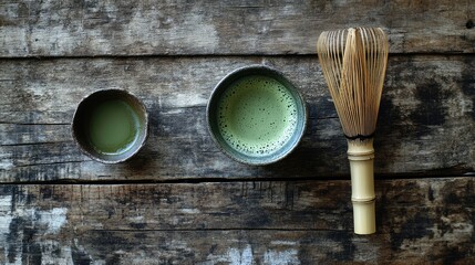 A top-down shot of a cup of matcha tea in a traditional Japanese bowl, accompanied by a bamboo whisk, placed on a rustic wooden surface.