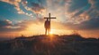 © Yuliia - As the sun sets, a figure contemplates by a cross, embracing themes of faith and hope in a tranquil outdoor setting
