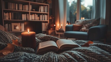 an open book resting on a knitted blanket, a lit candle casting a warm glow, and a softly lit room