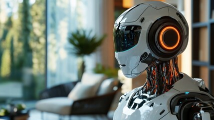 A futuristic robotic assistant helping a family in a smart home, managing daily tasks and home automation.