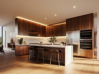 Wall Mural - Smart home kitchen with sleek design, integrated smart appliances, and minimalist aesthetic