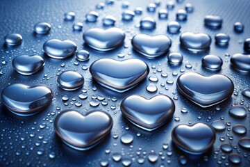 Canvas Print - heart-shaped water drops on blue metallic surface