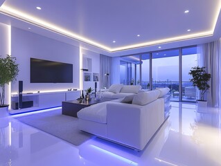 Smart home living room, sleek design, integrated technology, voice-activated lighting, and modern furniture