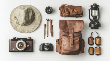 Vintage adventurer essential gear flat lay. Hat, backpack, film camera, gas lamp and boots on white background isolated. Minimal style hiking concept. Wanderlust vibes.
