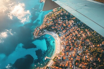 Airplane fly above beautiful nature landscape island, Tourism destination, Background for banner summer holiday vacation travel trip