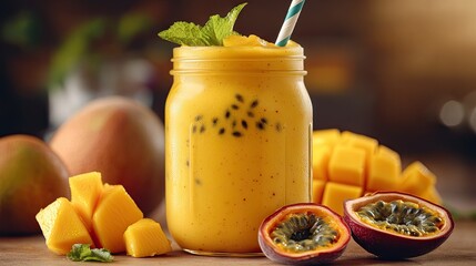 A tropical mango smoothie in a mason jar with a striped straw, surrounded by fresh mango chunks, passion fruit halves, and a sprig of mint.