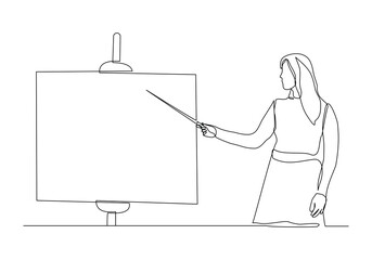 Wall Mural - Continuous single line sketch drawing of standing business woman doing presentation pointing on board screen projector with stick explain something. One line art vector illustration