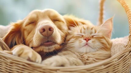 Sticker - A dog and cat sleeping together in a basket with the sun shining on them, AI