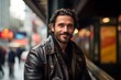 © Markus Schröder - Portrait of a blissful man in his 40s sporting a classic leather jacket on bustling city subway background