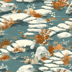 Poster - Tranquil River Stones and Autumn Foliage Seamless Pattern Design