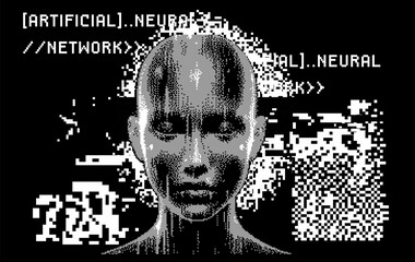 Aufkleber - A collage of pixelated head silhouette and visual glitches. Conceptual illustration on the theme of artificial intelligence and future technologies.