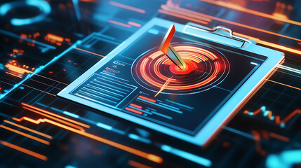 A digital clipboard with a holographic display showing a target with a needle pointing at the center.