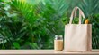 © Sippung - Reusable grocery bag filled with fresh vegetables and a glass jar on wooden table with green background