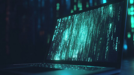 A close-up of a laptop with a screen displaying flowing lines of digital code.