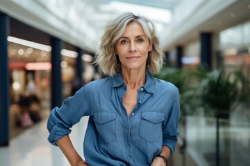 Wall Mural - Portrait of a content woman in her 50s sporting a versatile denim shirt isolated in vibrant shopping mall background